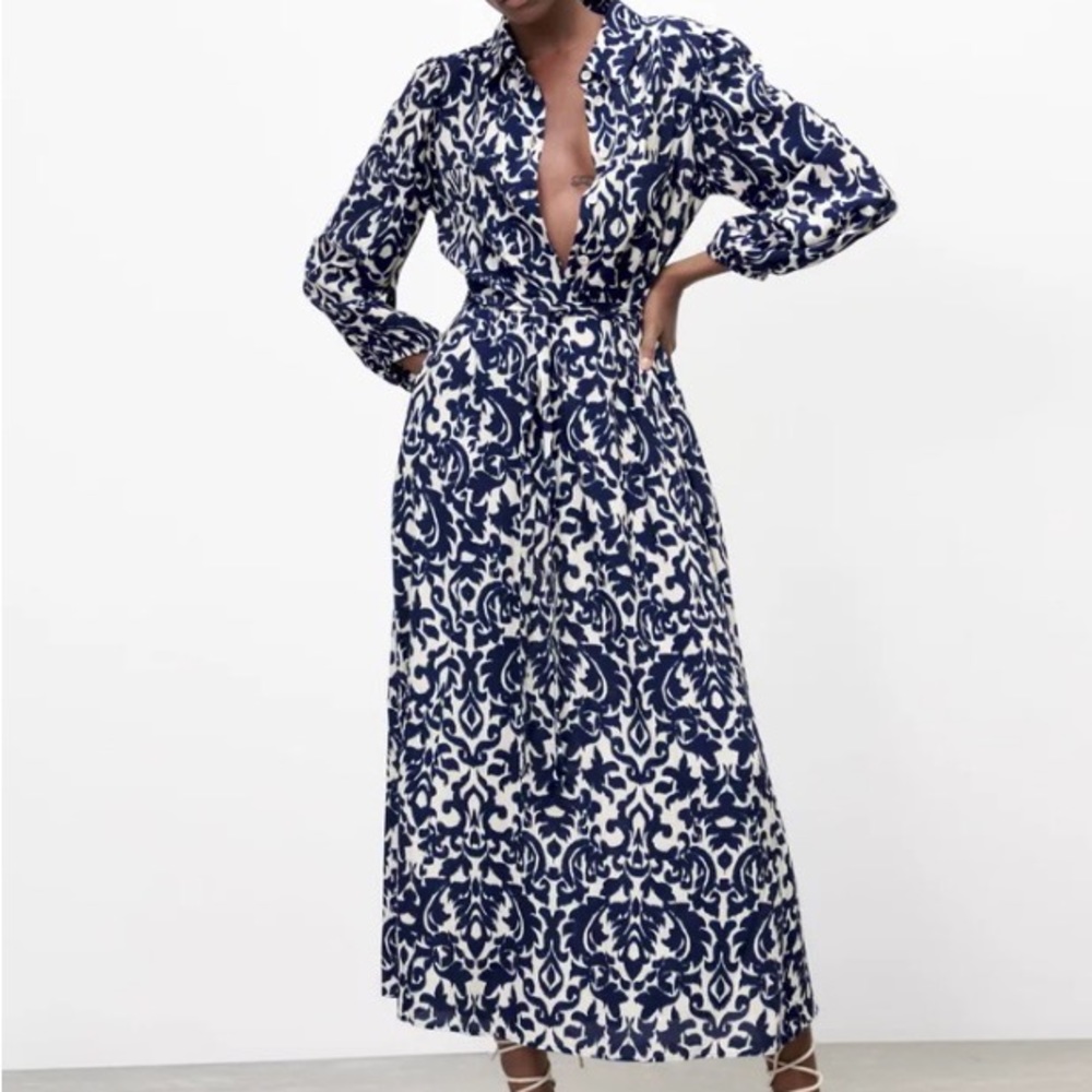 Zara Printed Coastal Grandmother Midi Dress Blue and White Size XS